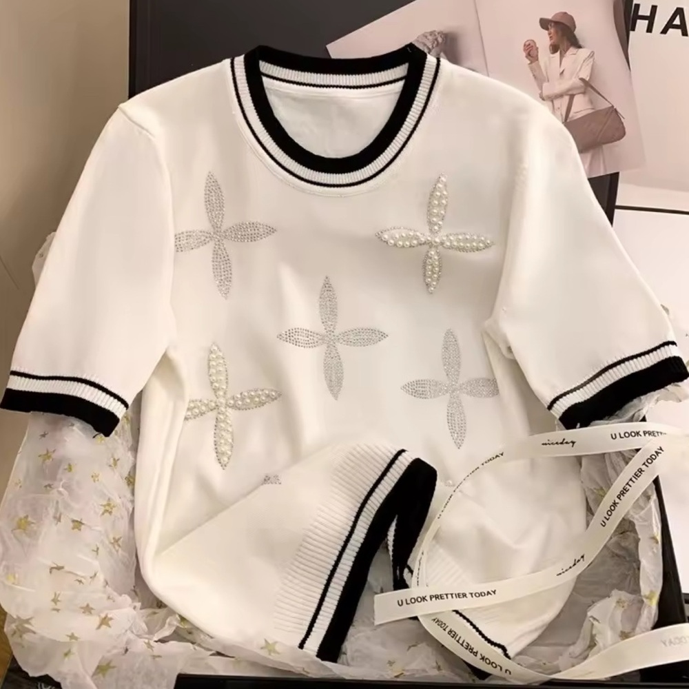 Embellished White Knit Short-Sleeve Top with Black Trim